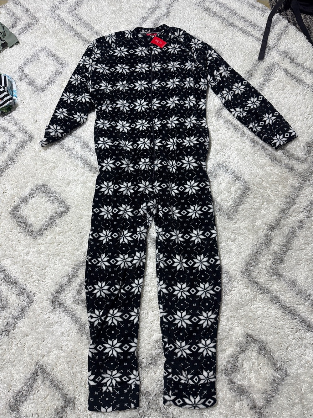 Black & White Snowflake mens One-Piece Fleece Pajama - Cozy Zip Front family pjs